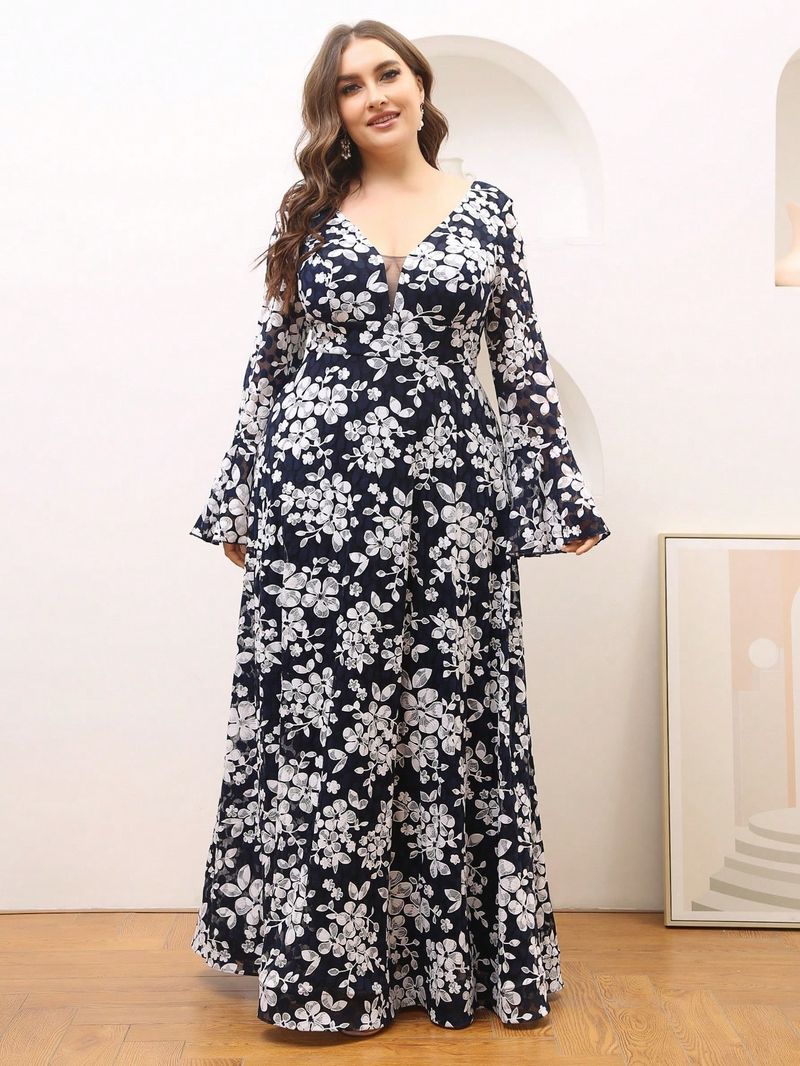 Elegantes Maxikleid mit langen Ärmeln und Blumenmuster für Damen – Abendkleid in Übergröße mit V-Ausschnitt und A-Linie und Glockenärmeln, perfekt für Partys und besondere Anlässe_voghion.com