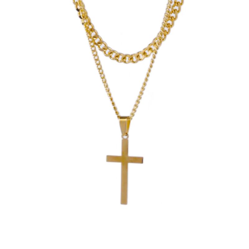 Men's Titanium Steel Cross Women's New Double Layer Taigang Cuban Necklace Set Decorative Accessories Foreign Goods_voghion.com