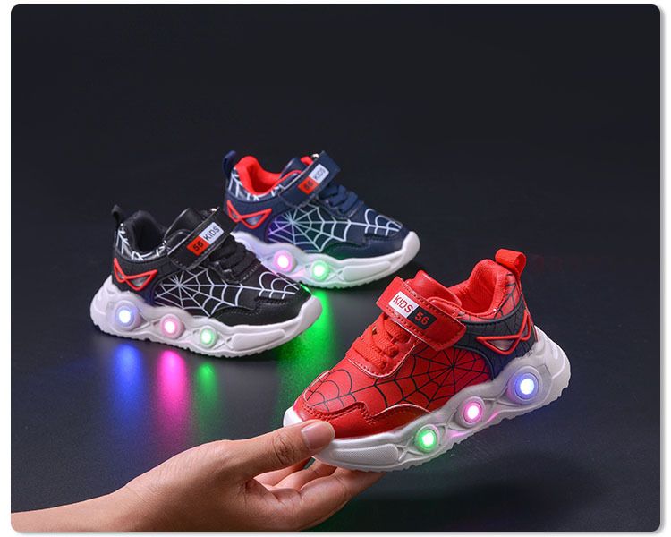 Frühling Herbst Neue Kinder Leder Spinnennetz LED Licht up für Kleine und Mittlere Jungen Casual Sport Schuhe_voghion.com