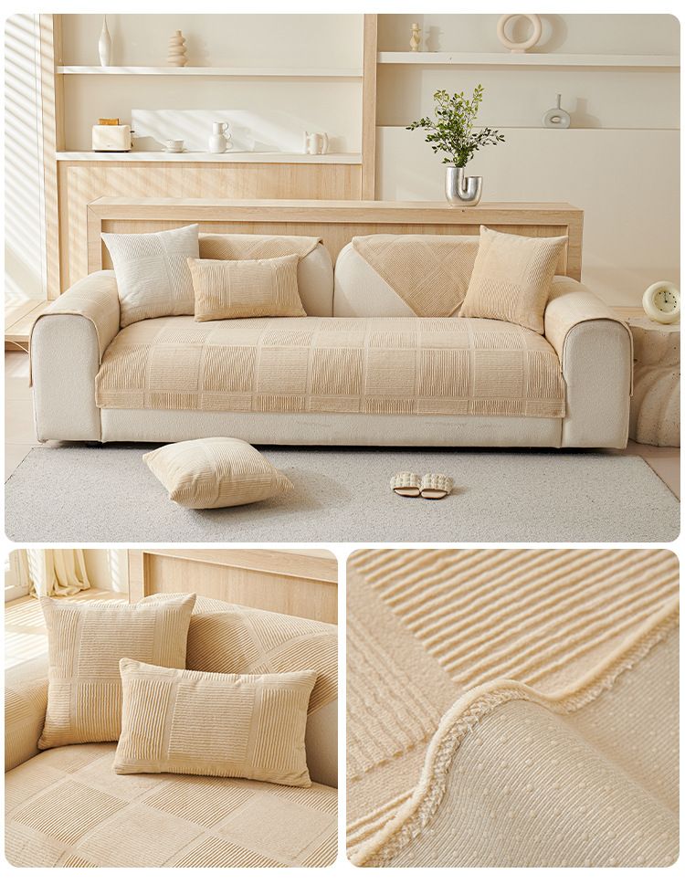 Plüschiger Sofakissenbezug mit Karomuster – Anpassbarer, rutschfester Sofaschutz für Anbausofas (Beige/Weiß/Grau) – Weiche und stilvolle Heimdekoration_voghion.com