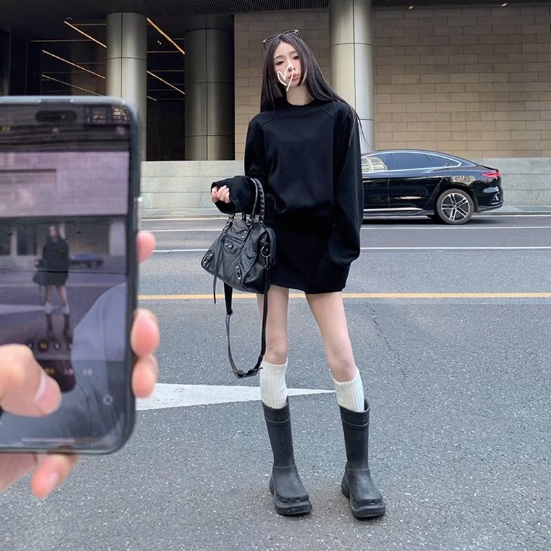 Hua Mian Brushing Casual Women's Long Sleeve Autumn/Winter Hoodie Lazy Style Two Piece Set Black_voghion.com