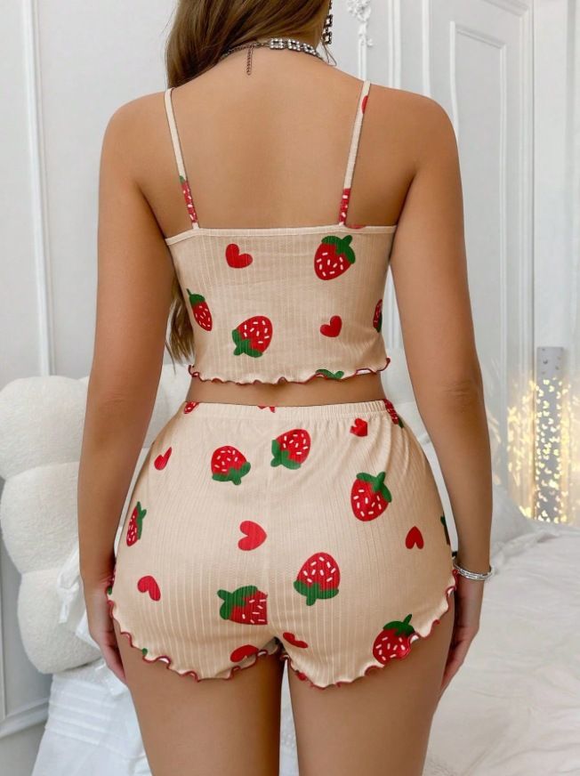 Zweiteiliges Set aus Camisole-Shorts mit Herz-Print und sexy Loungewear aus Milchseide_voghion.com