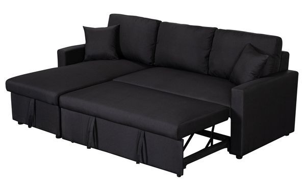 Paisley 82' Black Linen Fabric Reversible Sleeper Sectional Sofa With Storage Chaise_voghion.com