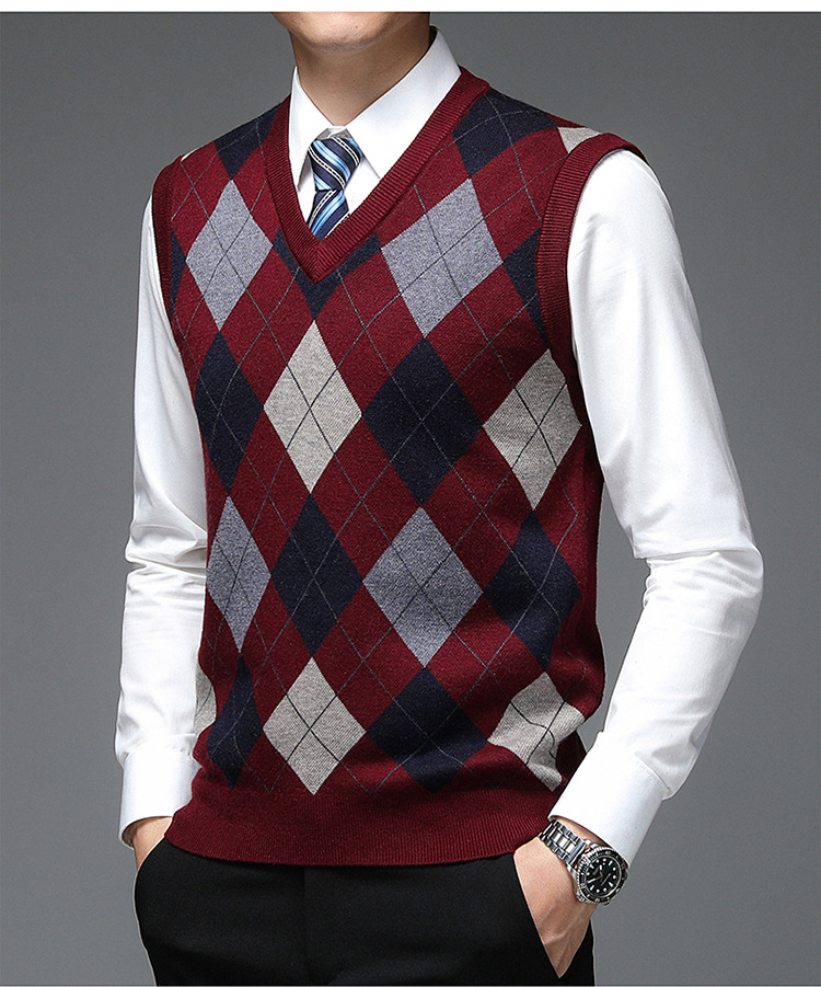Novo outono designer de moda marca argyle pulôver diamante camisola com decote em v malha colete 6% lã sem mangas roupas masculinas casuais_voghion.com