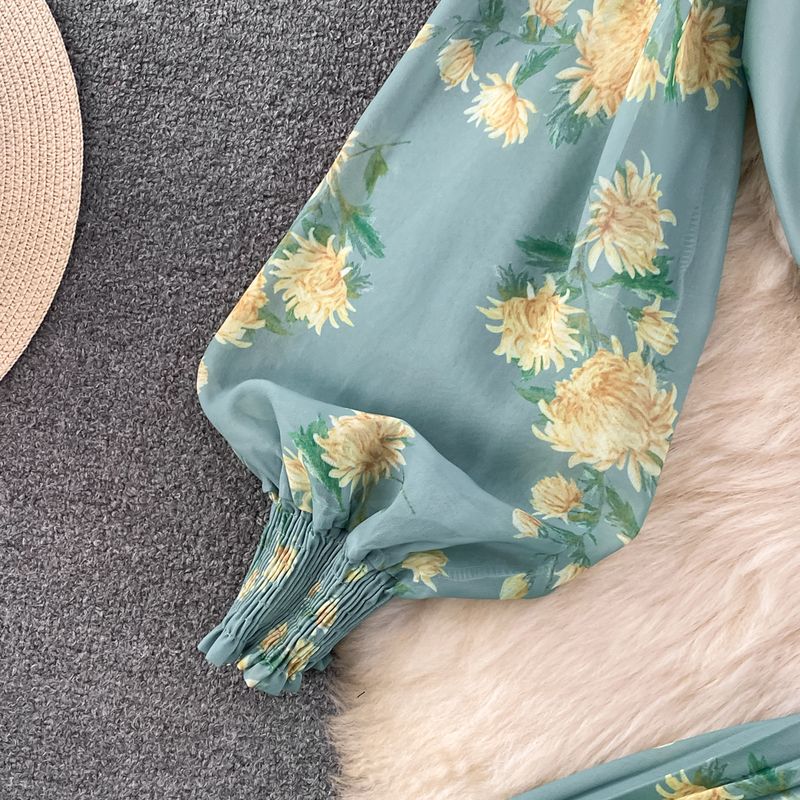 Women's Clothing light mature style, lantern long sleeves, bowknot, loose printed chiffon shirt, two-piece suit, high waist skirt_voghion.com
