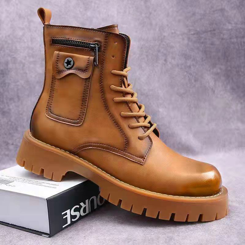 Men's Shoes boots men's Martin boots autumn and winter plus velvet high-top casual leather shoes British versatile thick-soled knight short boots_voghion.com