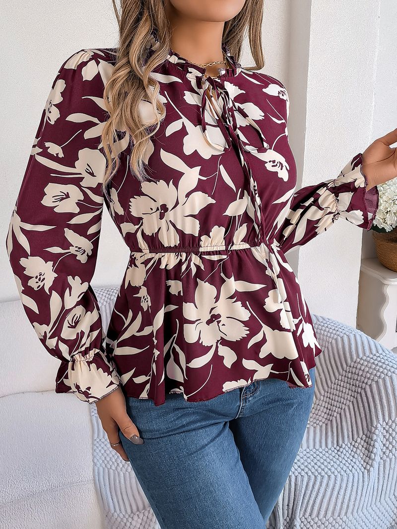2025 herbst Winter Neue Casual Floral Lace-Up Langarm Chiffon Bluse frauen Mode_voghion.com