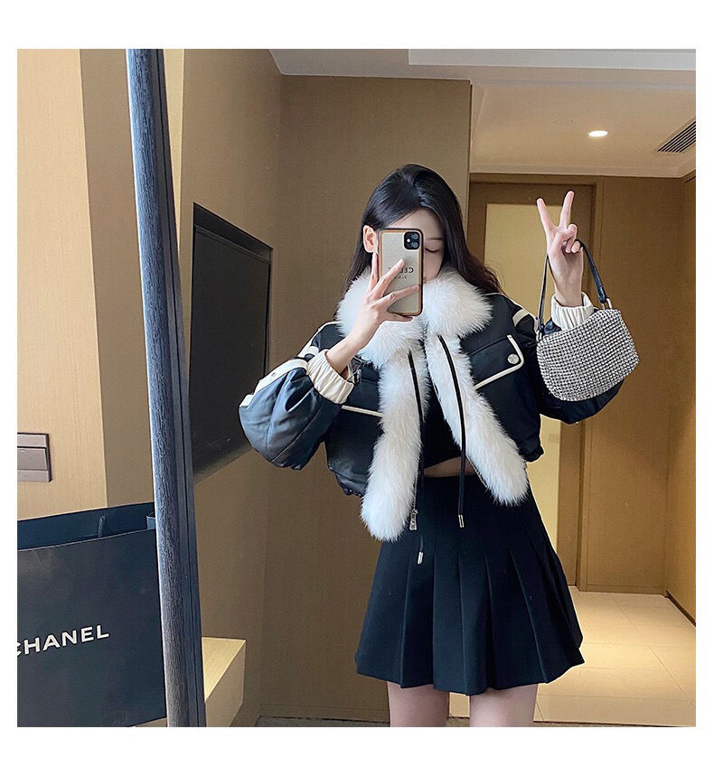 Abrigo de algodón negro para mujer, chaqueta Bomber con cuello de piel sintética ligera, Parka corta acolchada de algodón de piel sintética para invierno_voghion.com