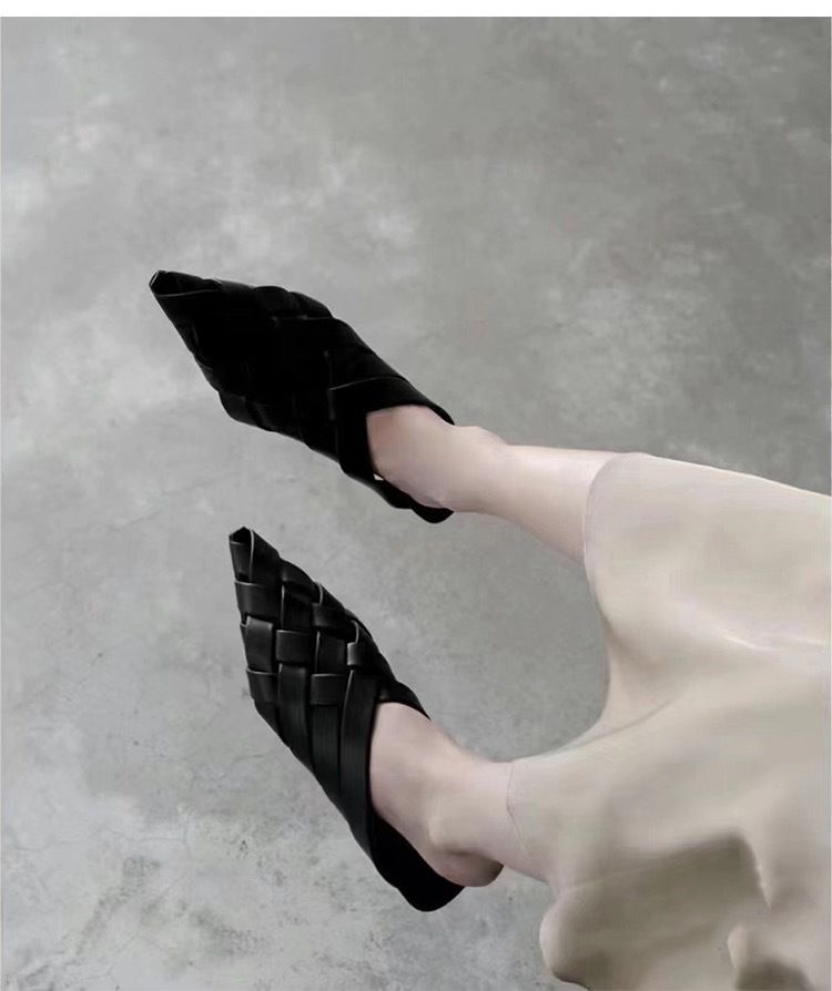 Grape Mama Studiolee Headed Pointed Half Slippers Women's Muller Flat Bottom Woven Hollow Sandals_voghion.com