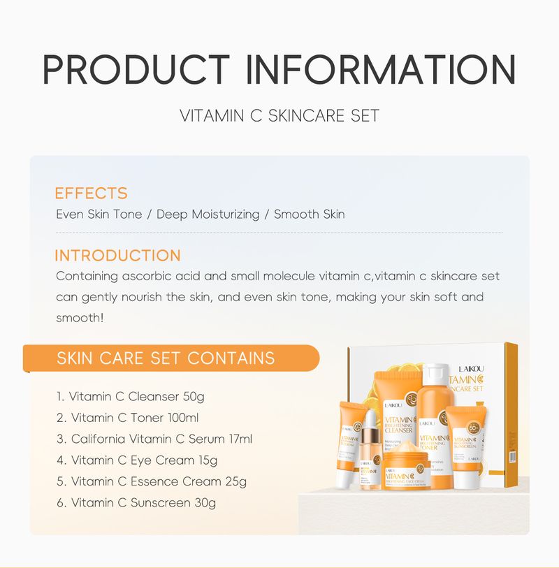 Seturi Produs nou LAIKOU Vitamina C Kit de îngrijire a pielii cu 6 piese Hidratare, hidratare și iluminare a culorii pielii_voghion.com