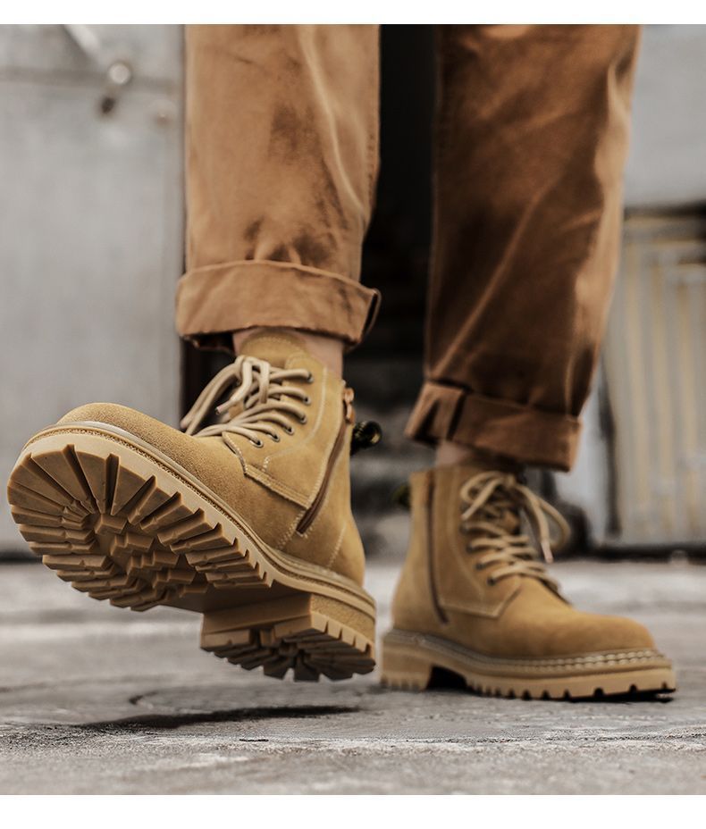 Autumn And Winter Leather Martin Boots Men's High-top British Retro Tooling Boots Thick-soled Heightening Matte Leather Short Boots Rhubarb Boots_voghion.com