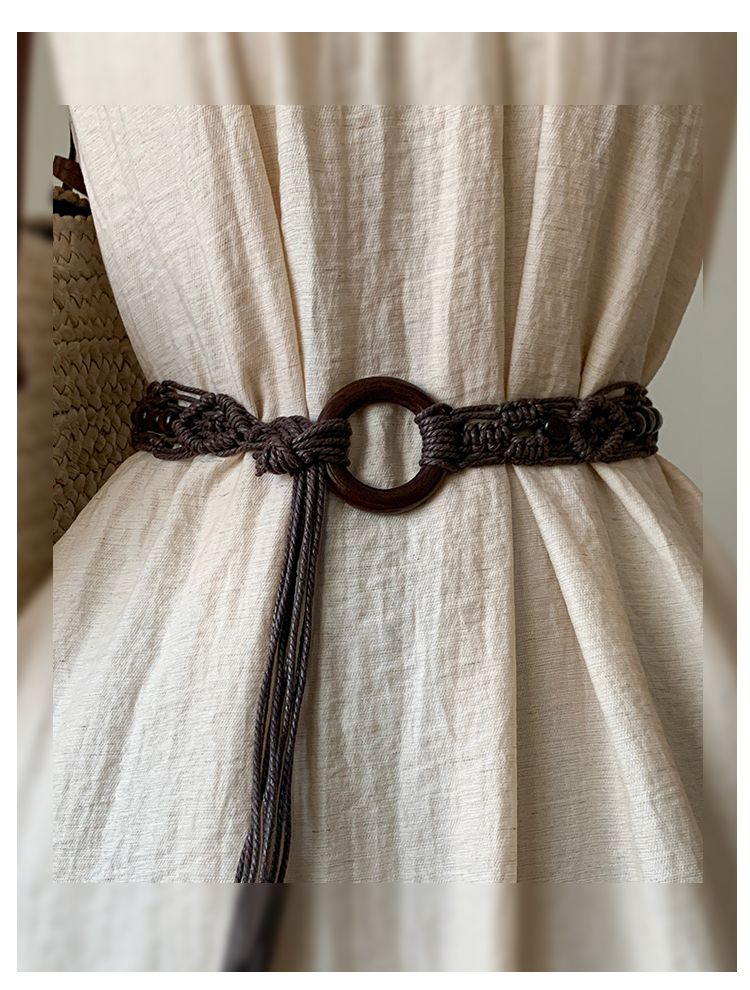 Gewebter Gürtel aus gewachster Kordel mit Holzschnalle, neuem, verlängertem Quasten- und Perlengürtel, Nischendesign mit Rockbesatz_voghion.com