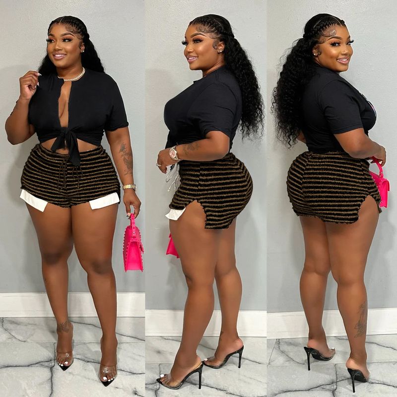 Damen-Shorts mit gestreiftem Kordelzug und hoher Taille, sexy, modisch, lässig, All-Match-Hosen in Übergröße_voghion.com