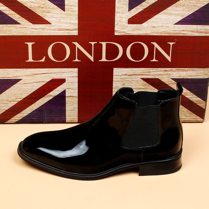 Chelsea Boots Herrenstiefel aus glänzendem Leder, kleiner quadratischer Kopf, kurze Stiefel, High-Top-Business-Lederschuhe, Lackleder-Herrenstiefel_voghion.com