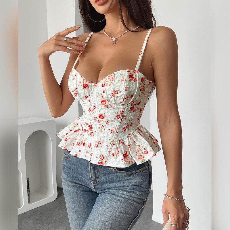 Women's Clothing Spring And Summer Floral Irregular Lotus Leaf Light Slim New Sexy Backless Lace Up Chest Wrap_voghion.com