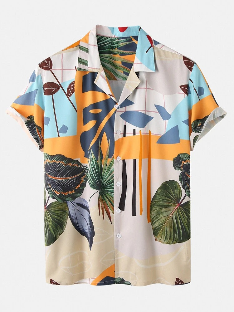 Set im Hawaii-Stil, lässiges, lockeres Strand-Outfit für Herren, kurzärmlige Shorts mit Blattmuster, zweiteiliges Set_voghion.com