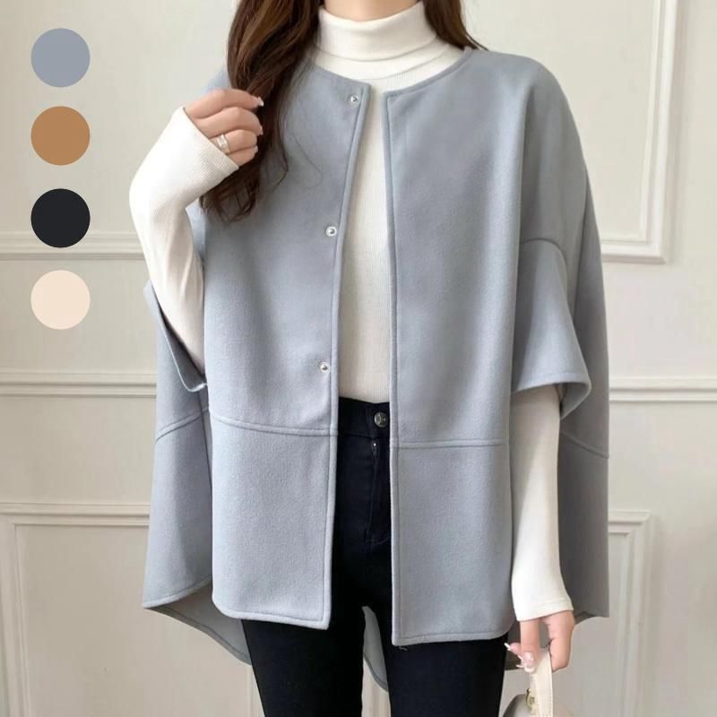 Elegant Batwing Sleeve Wool Cape Coat - Oversized Poncho Style For Women, Autumn Winter Fashion, Casual Loose Fit, Pure Color & Checkered Patterns_voghion.com