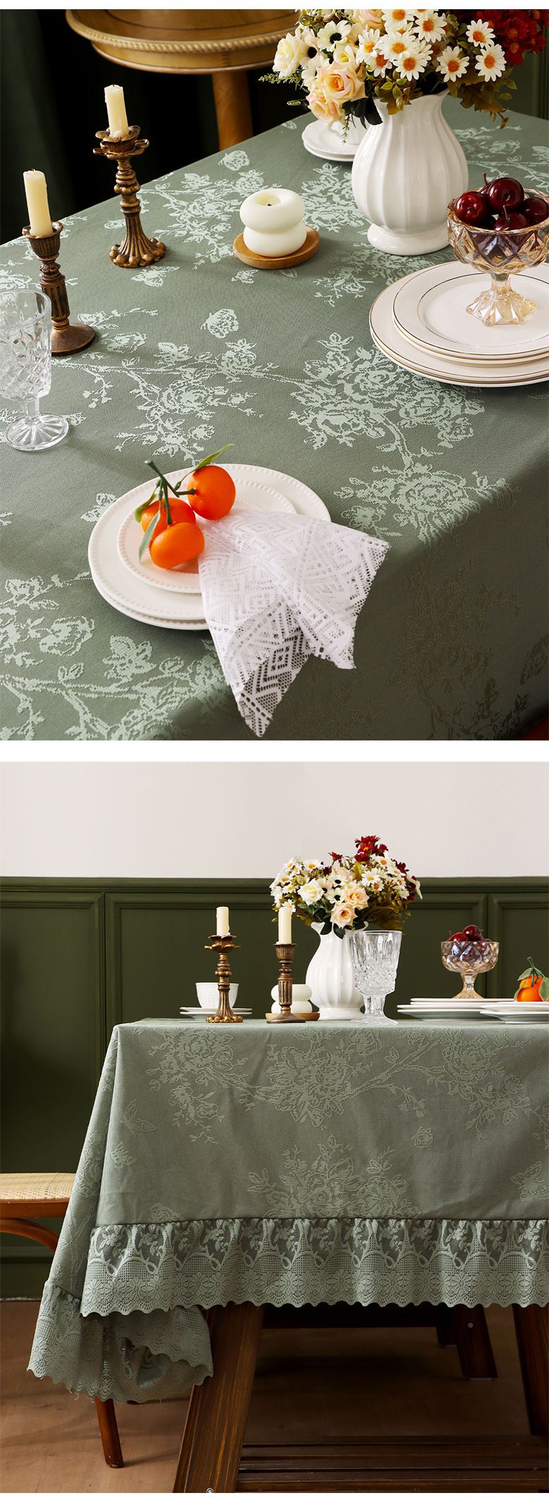 Tovaglia in pizzo vintage francese - Copritavolo rettangolare spesso con elegante bordo a balze, decorazione di lusso per tavoli da pranzo e da caffè_voghion.com