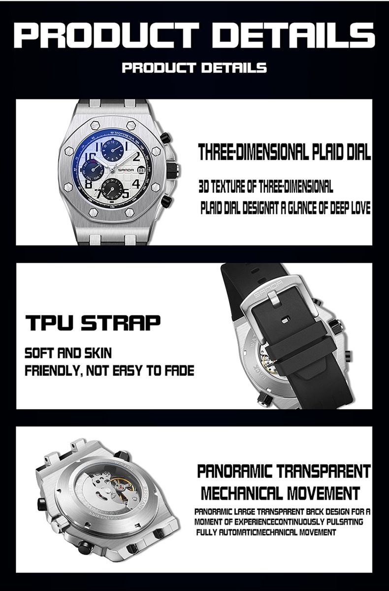Men's Automatic Mechanical Watch With Luminous Hands, Stainless Steel Case, And Durable TPU Strap - Stylish Round Dial Watch For Casual Wear_voghion.com