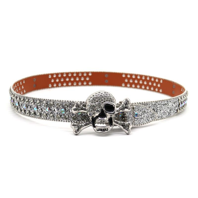 Silver Skull Head with Men's Inlaid Rhinestone Belt Personalized Hip Hop Punk Style_voghion.com