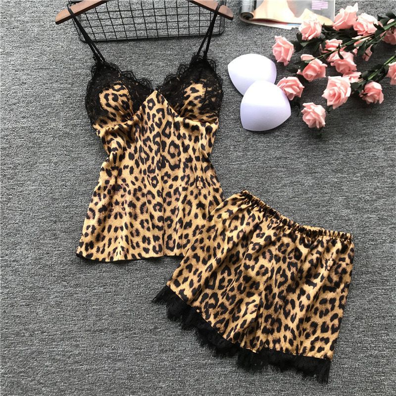 Women's Sleepwears Silk Black Leopard Print Home Clothes Pajamas Set Fashion Lace Pajamas Set_voghion.com