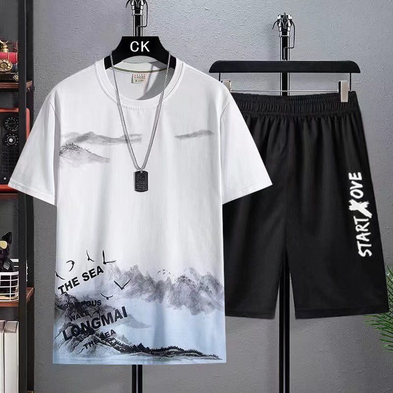 Ice Silk Summer Men's Korean Style Casual Comfortable Basketball Beach Sports T-Shirt Short Sleeve Two-Piece Set_voghion.com