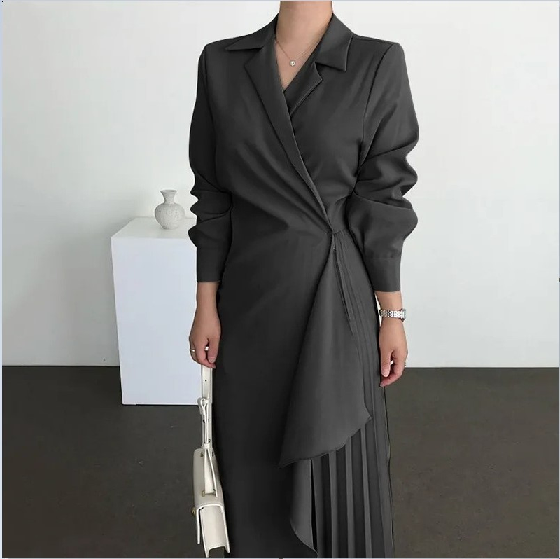 Abito camicia elegante formale da donna Abito lungo retrò tinta unita a vita lunga_voghion.com