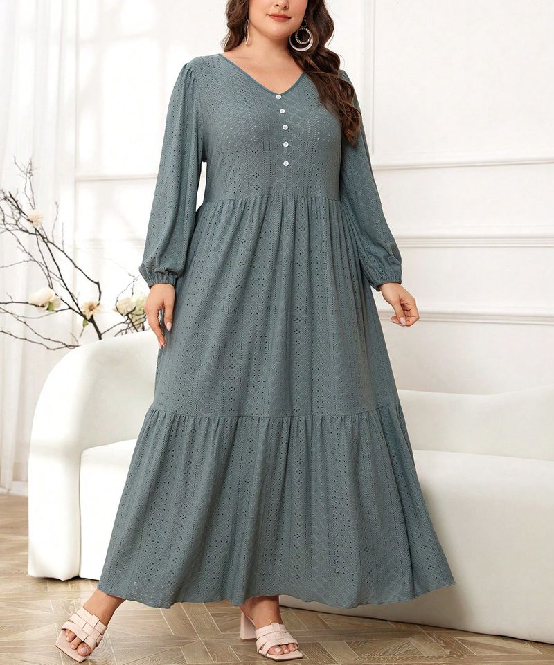 Summer Elegant V-Neck A-Line Dress Flowy Long Sleeve Printed Maxi Dress For Women, Plus Size 0XL-4XL, Soft Polyester Stretch,Office & Casual Wear_voghion.com