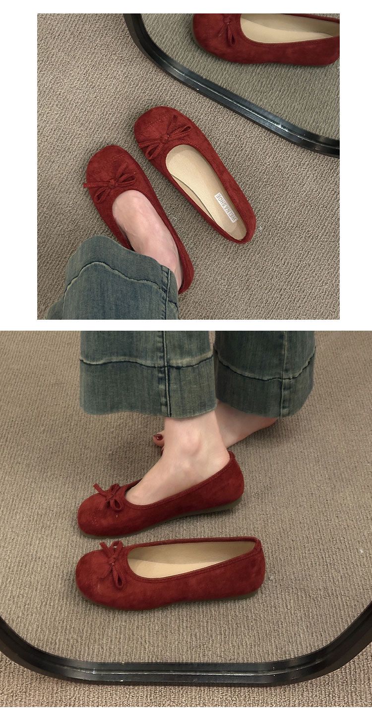 Retro Ballet Flat-soled Red Light-mouth Single Shoes Women's Suede Gentle Soft-soled Doudou Shoes One-pedal Ladyshoes_voghion.com