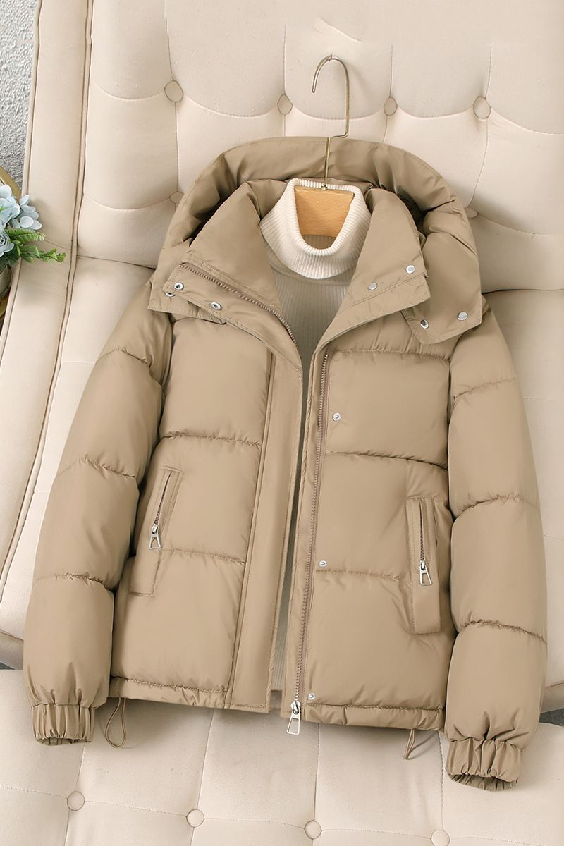 Women's Winter Hooded Puffer Jacket Short Length Lightweight Polyester Warm Coat Casual Loose Fit Outerwear For Petite & Plus Size_voghion.com
