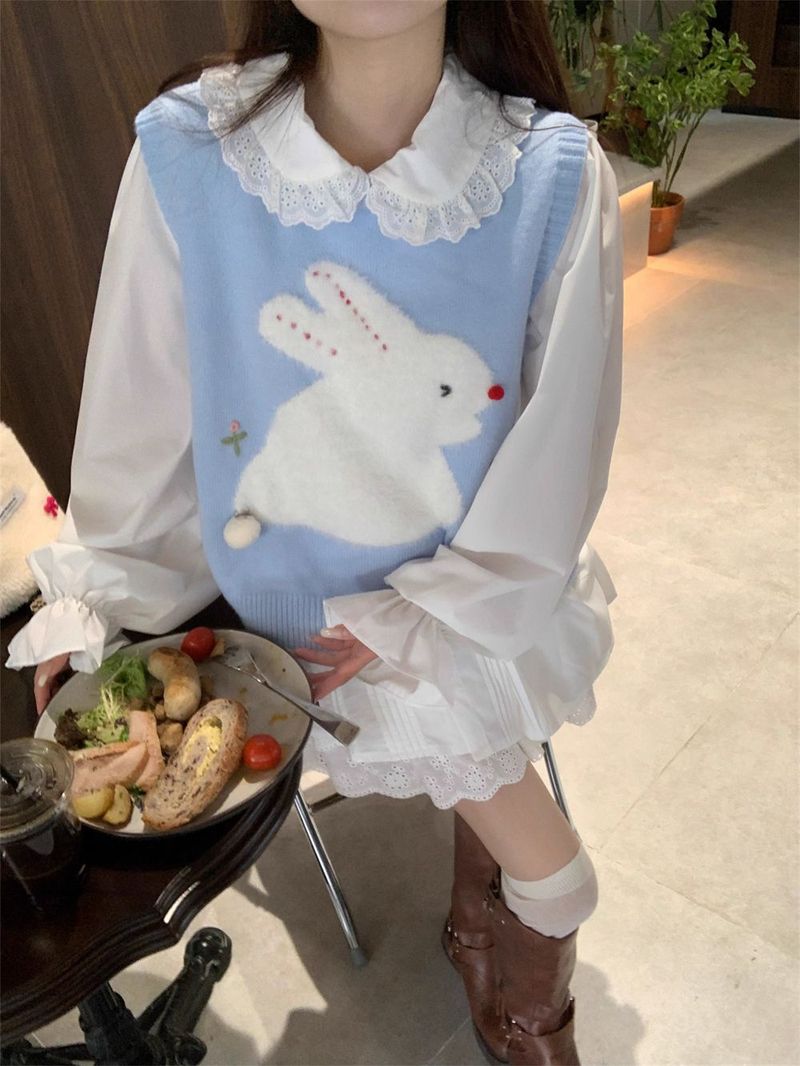 Sweet Rabbit~Cute Reduced Age Rabbit Jacquard Stacked Vest with Three Dimensional Plush Ball Decoration Exterior Top_voghion.com