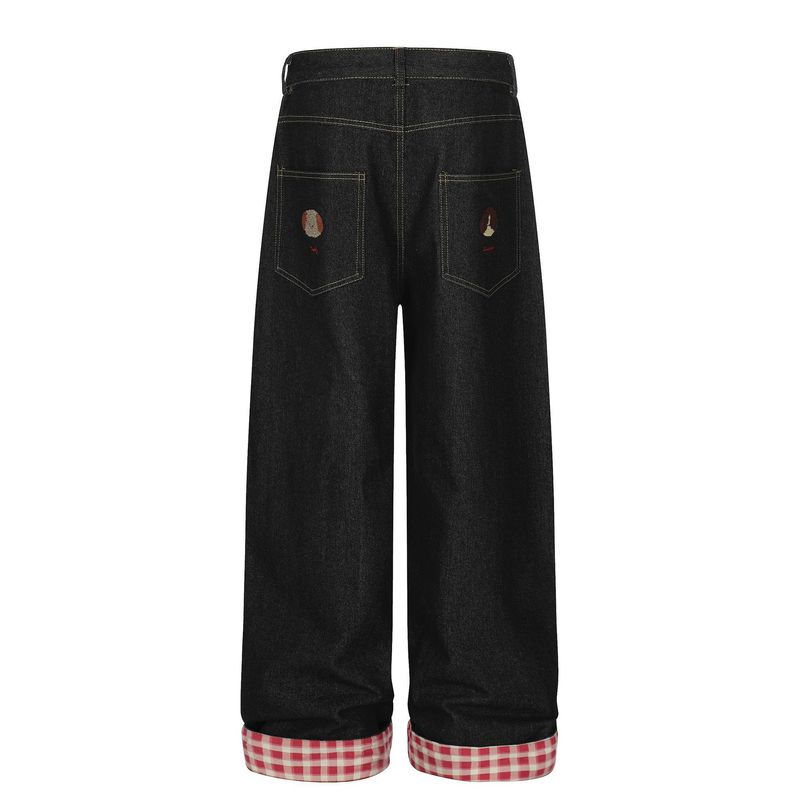 Jeans per cani vintage lavati e ricamati – Unisex, gamba dritta, 56,8% cotone, vita media, risvolto arrotolato, tasche multiuso, nero/blu, S-XL_voghion.com