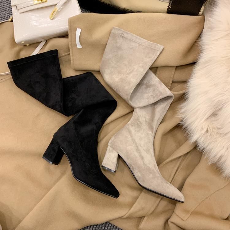 Overknee-Stiefel mit großem Bein, langem Blockabsatz, spitzem Bein und Wickeldesign sowie elastischen Stiefeln mit mittelhohem Absatz für Damen_voghion.com