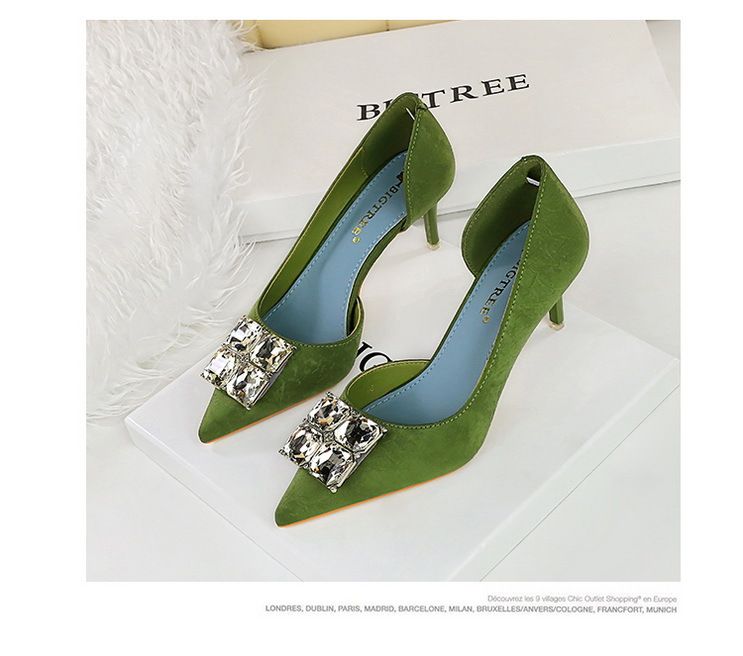 Women's shoes high heel hand scratch wrinkle cloth shallow mouth pointed side hollow rhinestone buckle single shoes_voghion.com
