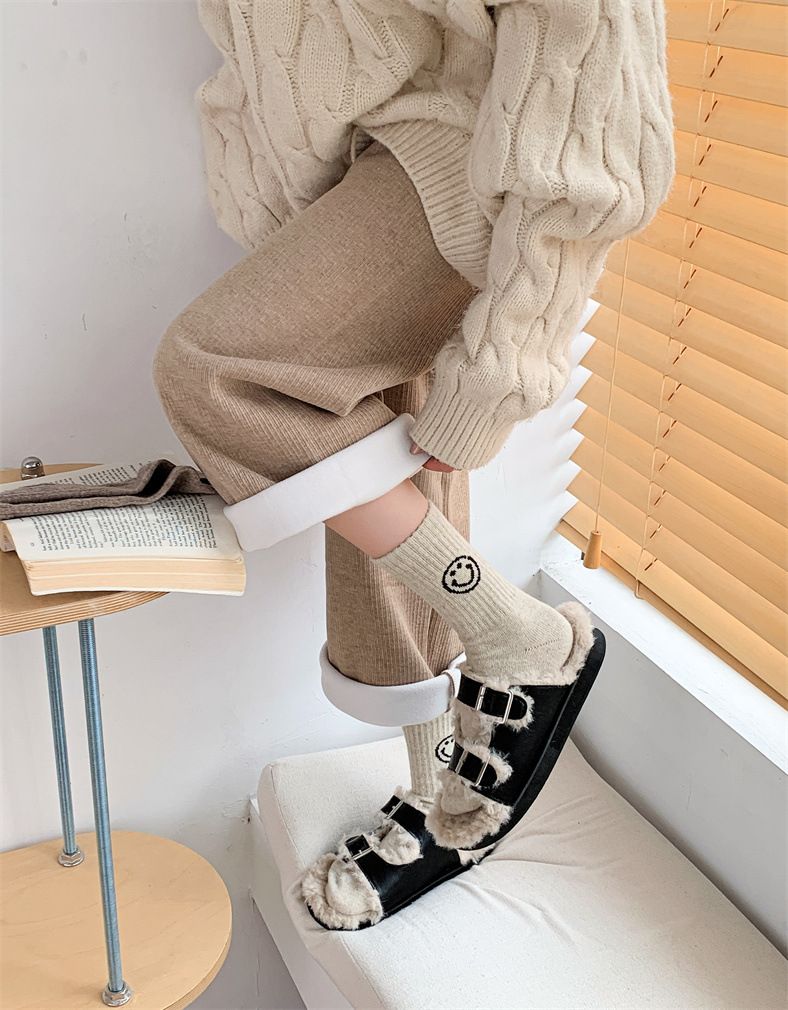 2 pezzi autunno e inverno nuovi calzini di lana caldi e spessi semplici tinta unita elastico alto Smig Face INS alla moda lunghezza media_voghion.com