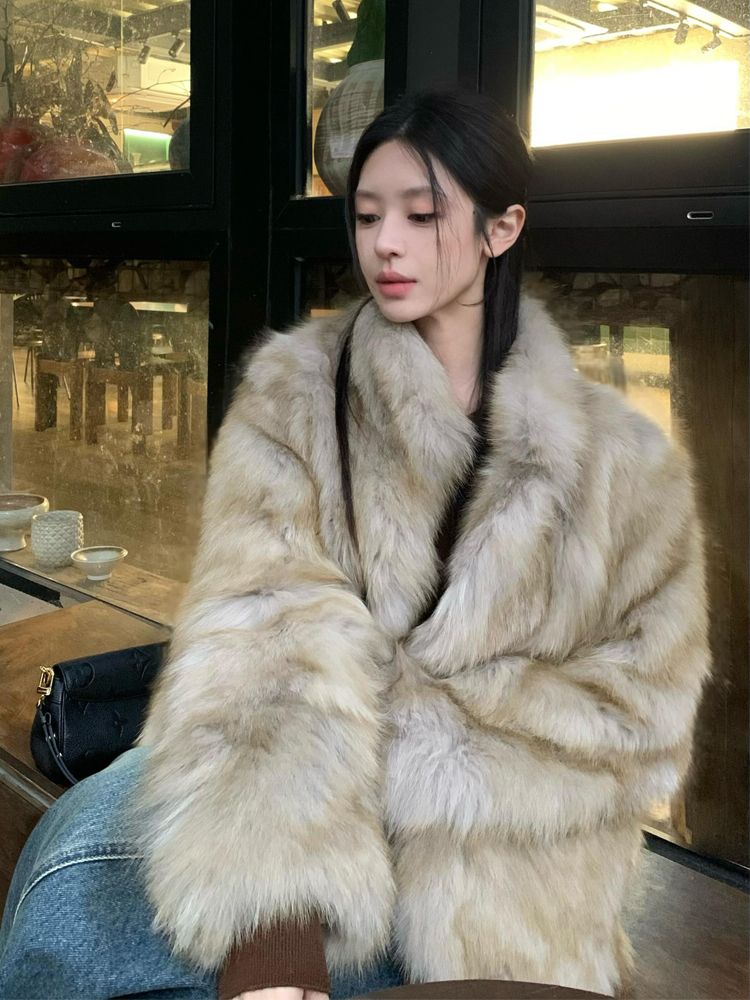 Cappotto invernale da donna corto, spesso, alla moda, ecologico, in pelliccia di volpe, di alta qualità, sfumato, bicolore, soffice_voghion.com