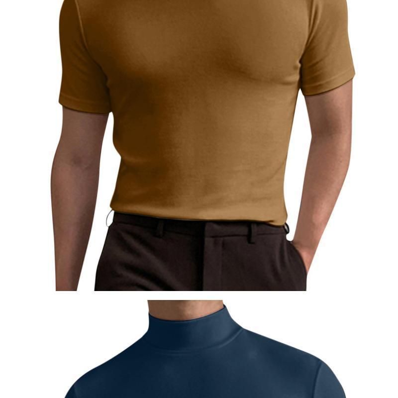 2024 Herbst Winter Stehkragen Kurzarm T-Shirt Herren Basishemd Einfarbiges Oberteil_voghion.com