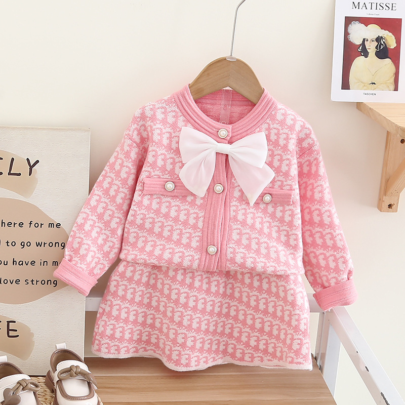 Kinder Pullover Kleid Kleine Duftende Wind Weibliche Herbst Und Winter Bogen Zwei-stück Lange-ärmeln Strickjacke Pullover Kleid_voghion.com