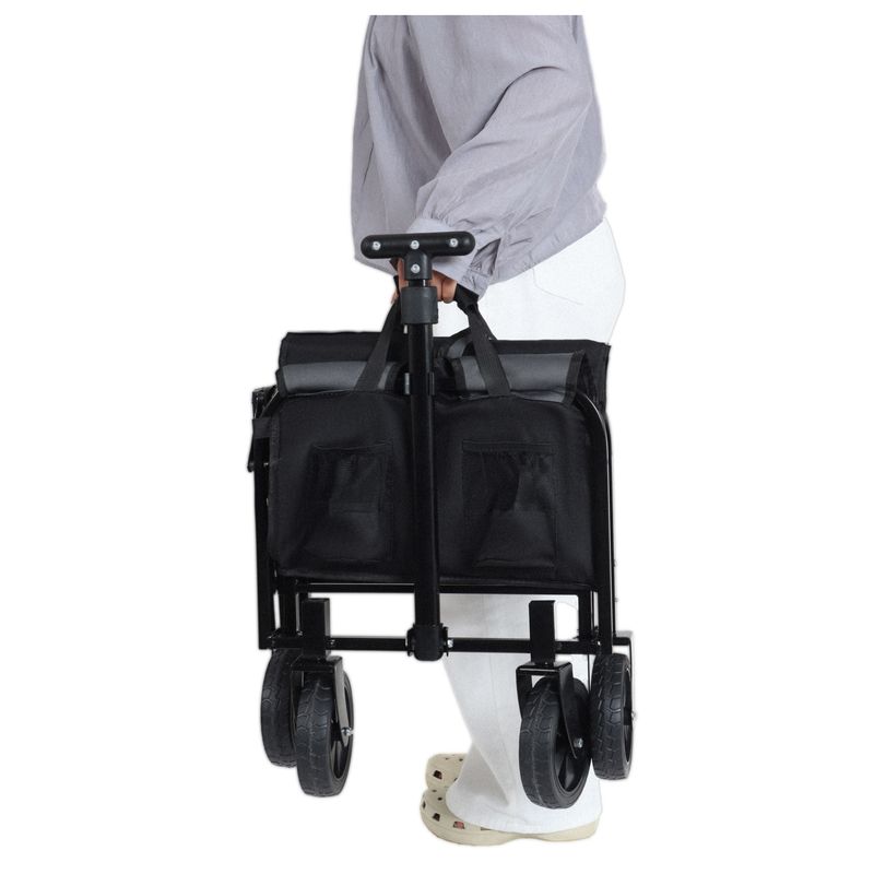 All-in-One Convertible Folding Camping Wagon Cart: Bench Seat, Storage Compartment & Included Dog Tether, Black/Gray_voghion.com