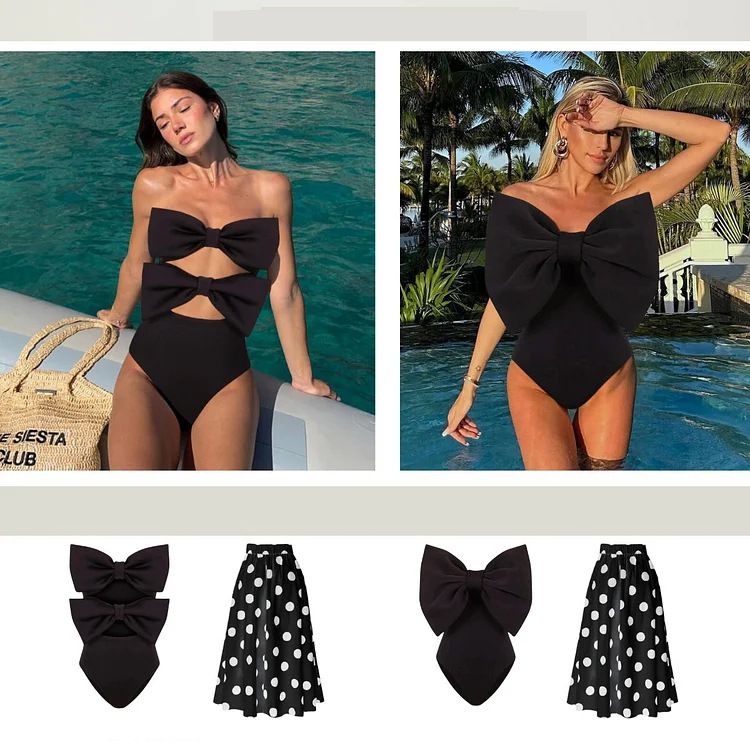 Damenbekleidung Einteiliger Badeanzug mit gepunktetem Rock und Schmetterlingsknoten, zweiteiliges Set_voghion.com