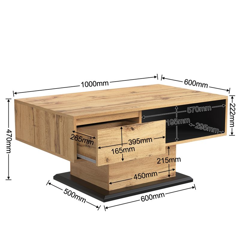 Table basse en bois avec tiroir caché, compartiment de rangement ouvert et espace de rangement arrière, rangement double face pour salon ou bureau, table de canapé grande capacité_voghion.com