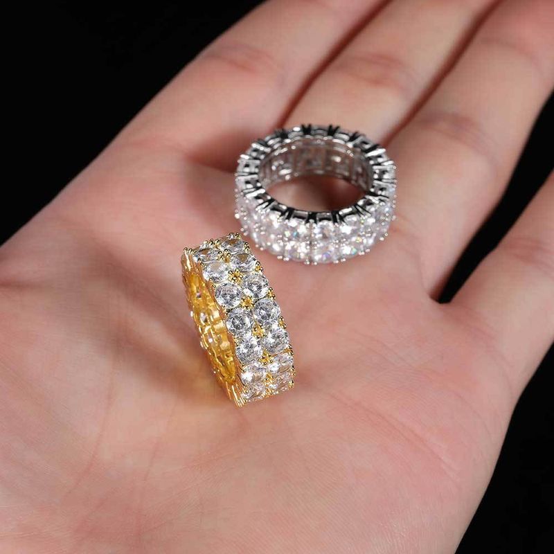 Men And Women's Jewelry Hip Hop Style Double Row Zircon Ring Geometric Design High-Quality Gold Tone Brass Statement Ring For Trendy Outfits_voghion.com