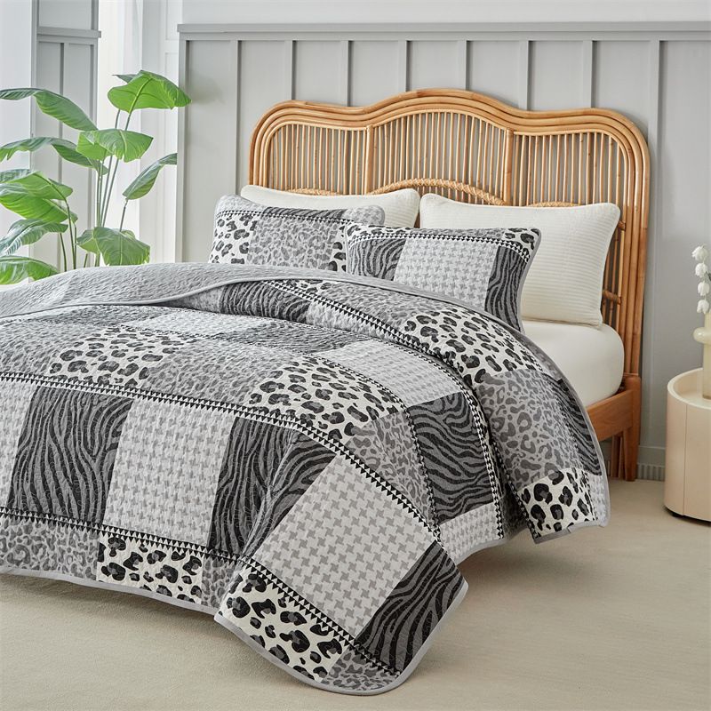 Copriletto a righe e stampa leopardata - Copripiumino grigio chiaro 3 pezzi (certificato OEKO-TEX®, motivo geometrico astratto) per camere da letto moderne e bohémien._voghion.com