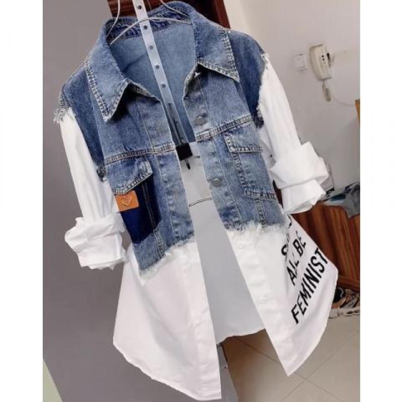 Modisches zweifarbiges Jeanshemd für Damen – Stylischer Lagenlook mit gestreiftem & weißem Kontrastdesign – Lässige Langarmbluse fürs Büro_voghion.com