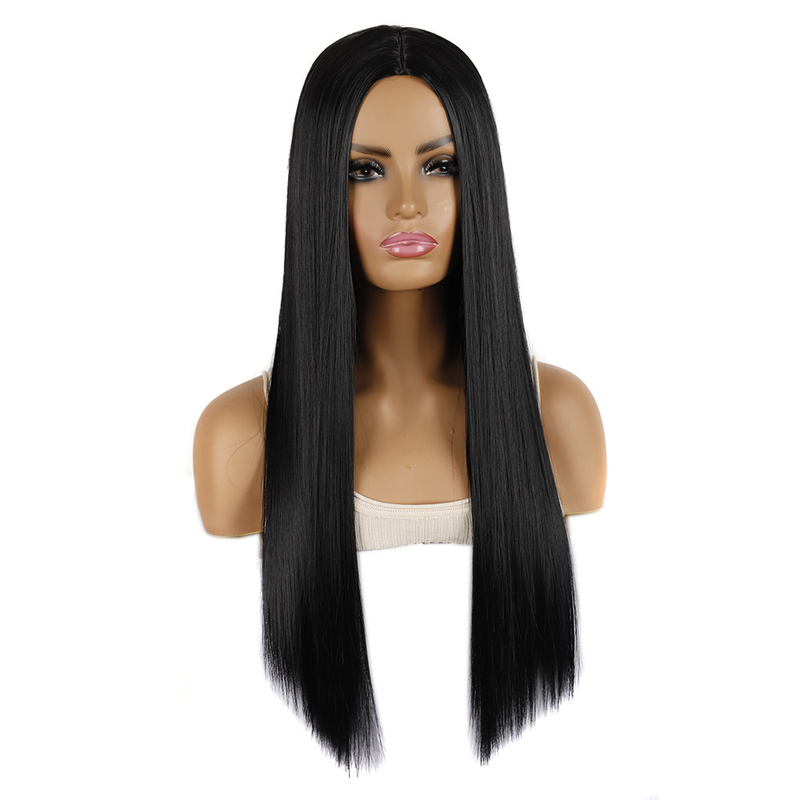 Synthetische Perücke. Schwarzes Stirnband mit geteilter Länge, glattes Haar, komplette Damenperücke aus synthetischen Fasern_voghion.com