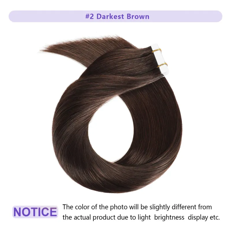 Extensiones de cabello liso de color castaño oscuro con cinta adhesiva, cabello humano 100 % Remy, sedoso para mujeres_voghion.com