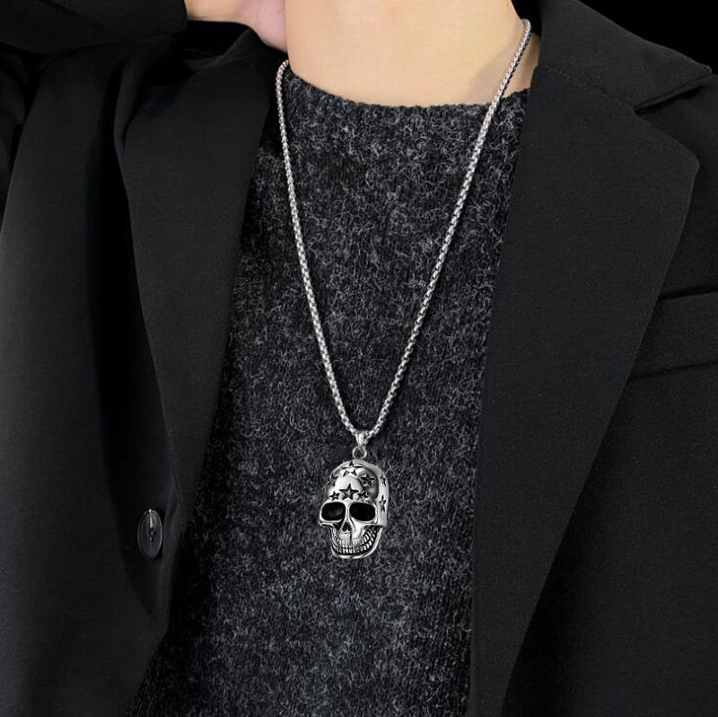 Hip Hop Punk Street Rock Personality Stainless Steel Men's Pendant Necklace Skull Pentagram Necklace Accessories_voghion.com
