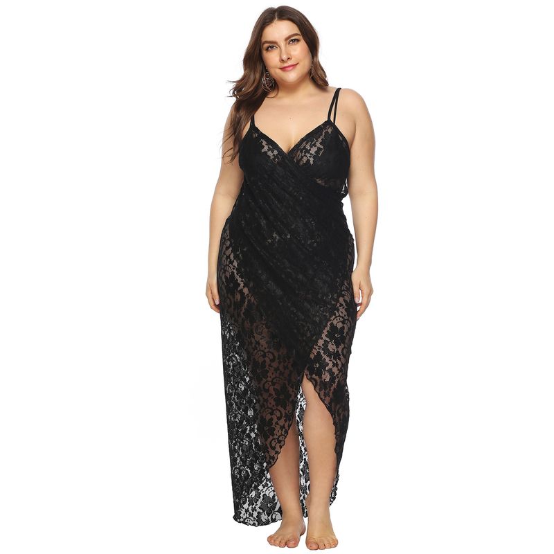 Plus größe frauen kleidung sexy sehen-durch spitze unregelmäßigen multi-funktion strappy strand kleid_voghion.com