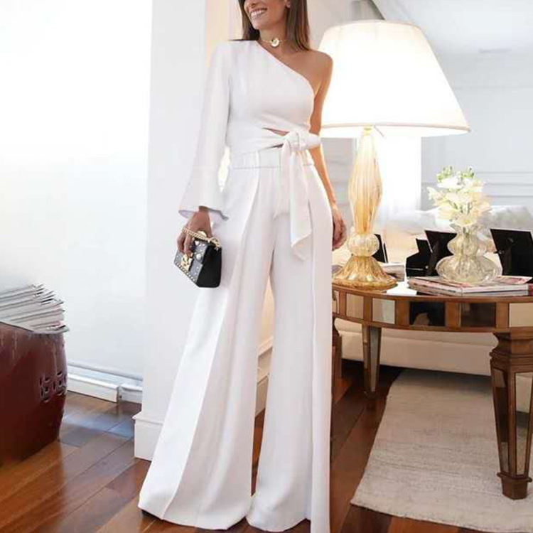 Women's solid color printing one-shoulder sleeve tie jumpsuit two-piece set_voghion.com