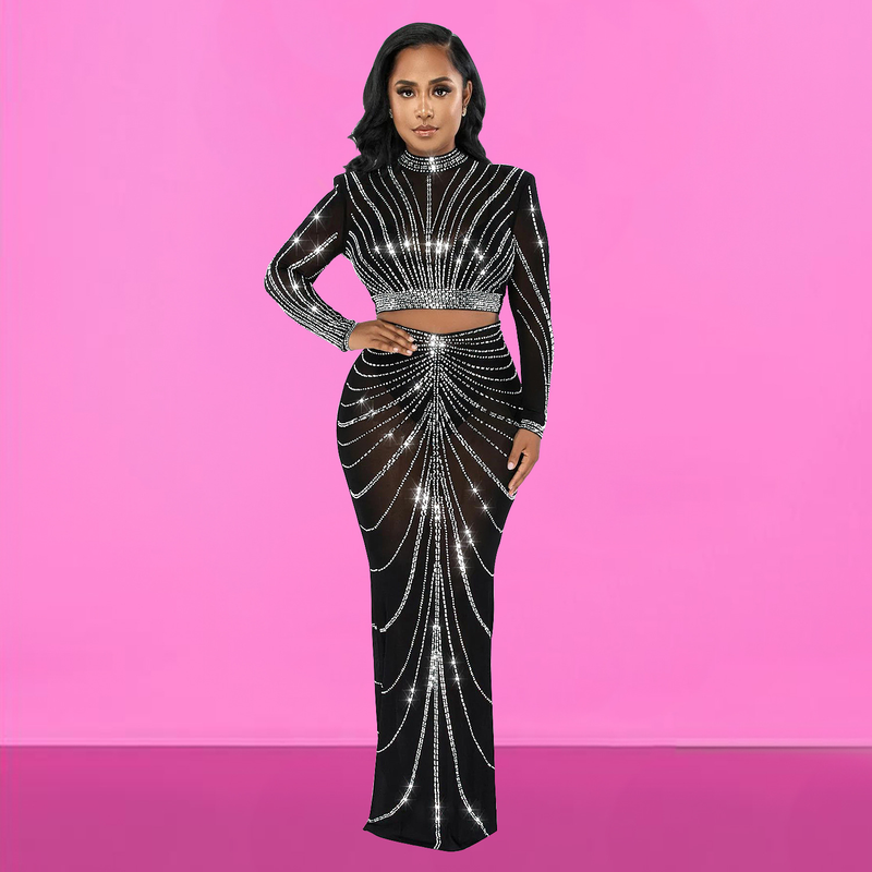 Kadın Giyim Mesh Mesh See Through Uzun Kollu Uzun Etek İki Parça Set_voghion.com